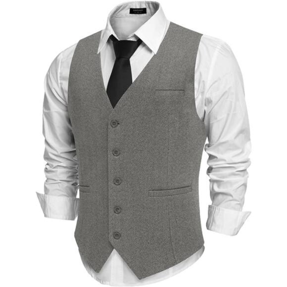 Men's Tweed Suit Vests Slim Fit Waistcoat Grey